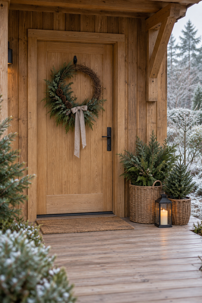 Cedar and pinecone wreath on a wood door beside evergreen-filled baskets and a black lantern.