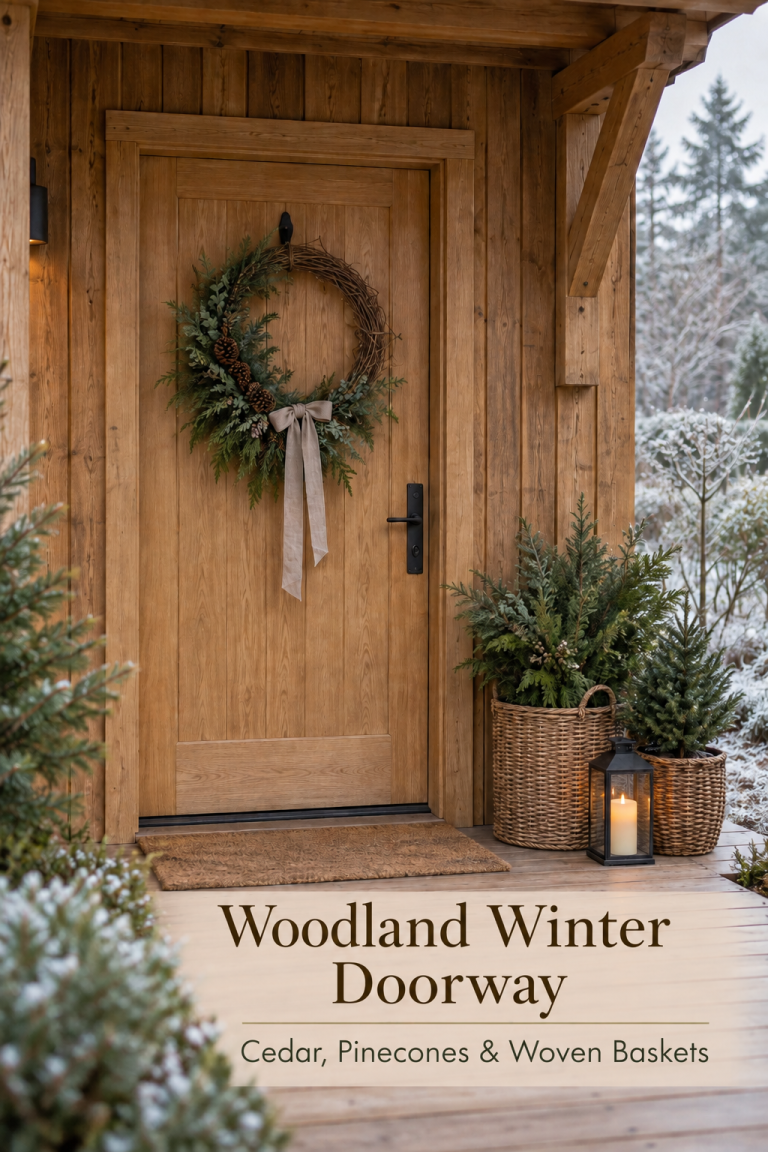 Cedar and pinecone wreath on a wood door beside evergreen-filled baskets and a black lantern.
