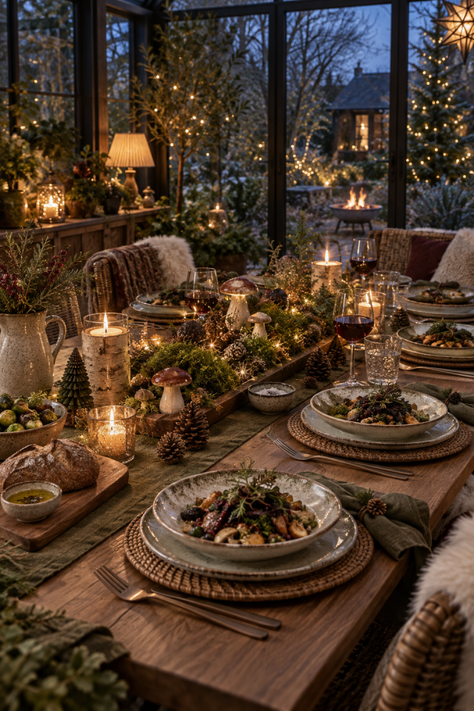 Moss and mushroom Christmas table in a glazed garden room.
