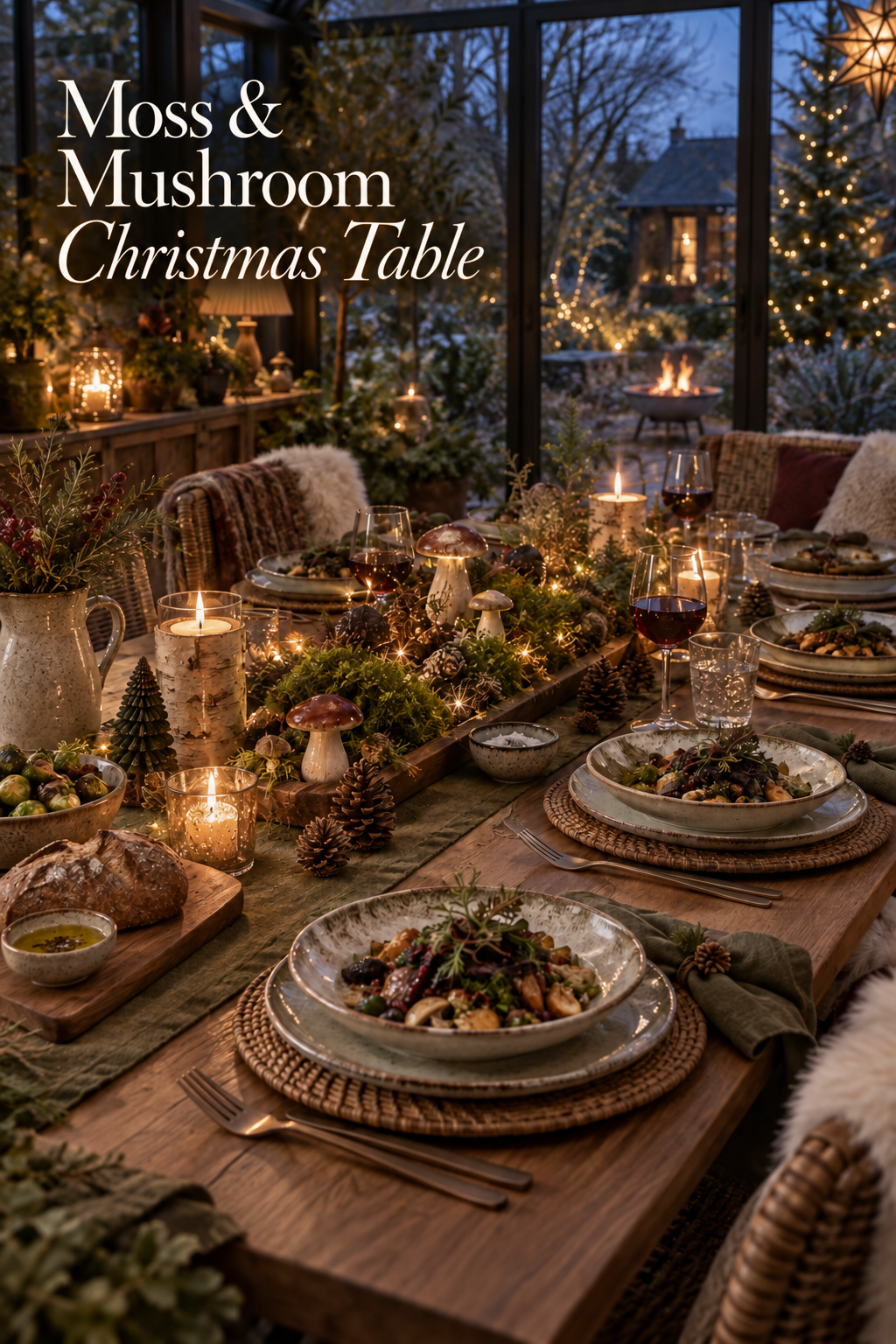 Moss and mushroom Christmas table in a glazed garden room.