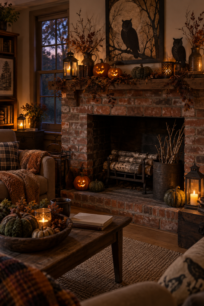 Owl artwork above a Halloween mantel with glowing pumpkins and black lanterns.