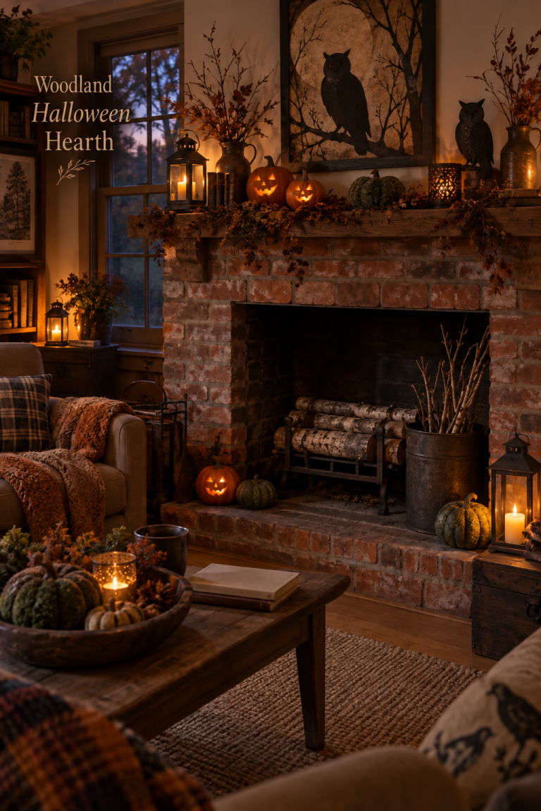 Owl artwork above a Halloween mantel with glowing pumpkins and black lanterns.