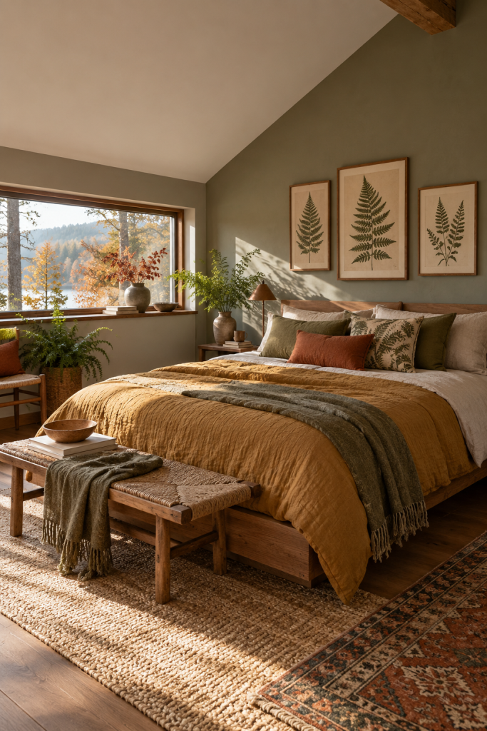 Amber bedding with olive throws and fern prints in a sage autumn bedroom.