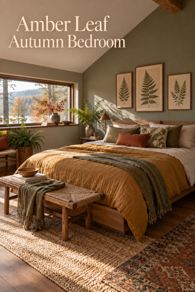 Amber bedding with olive throws and fern prints in a sage autumn bedroom.