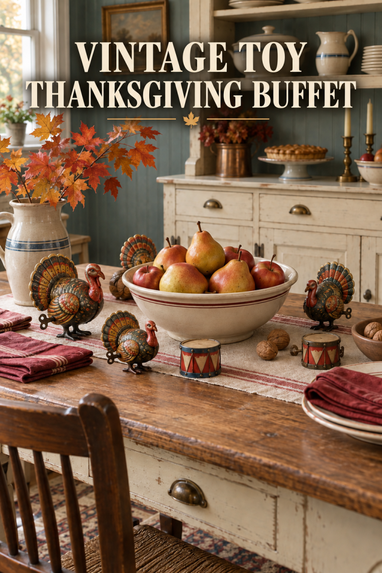Tin toy turkeys and pears arranged on a vintage Thanksgiving buffet.