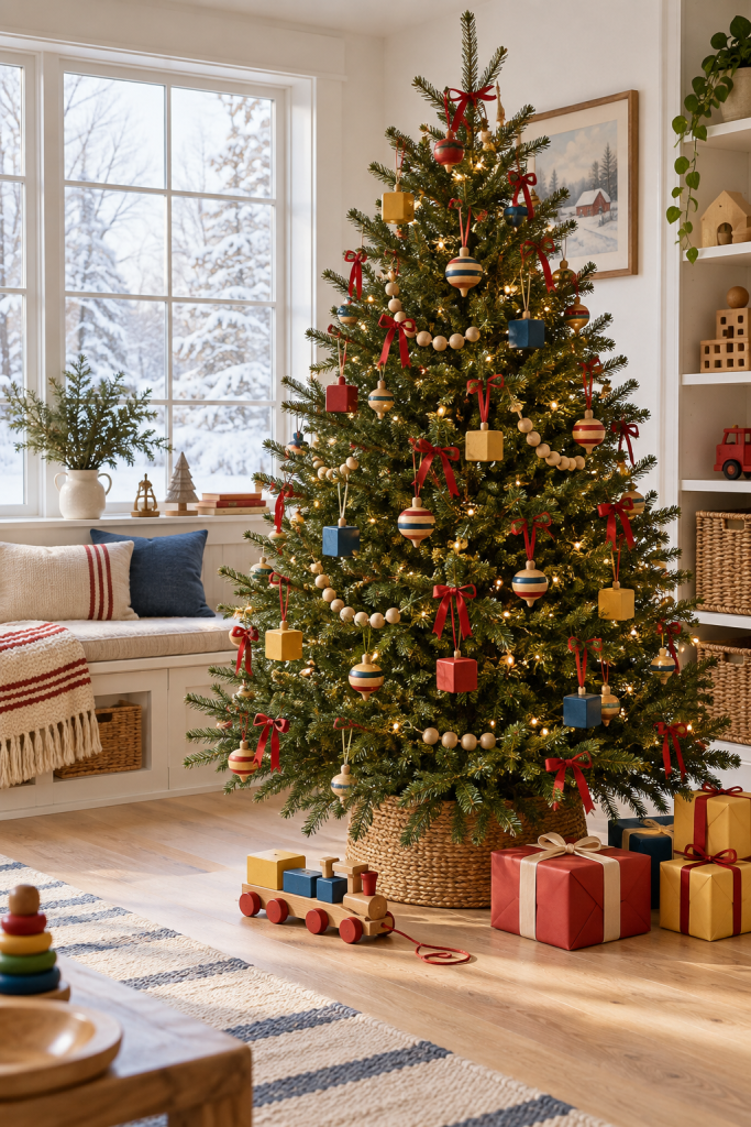 Christmas tree with wooden blocks and spinning tops in a bright playroom.