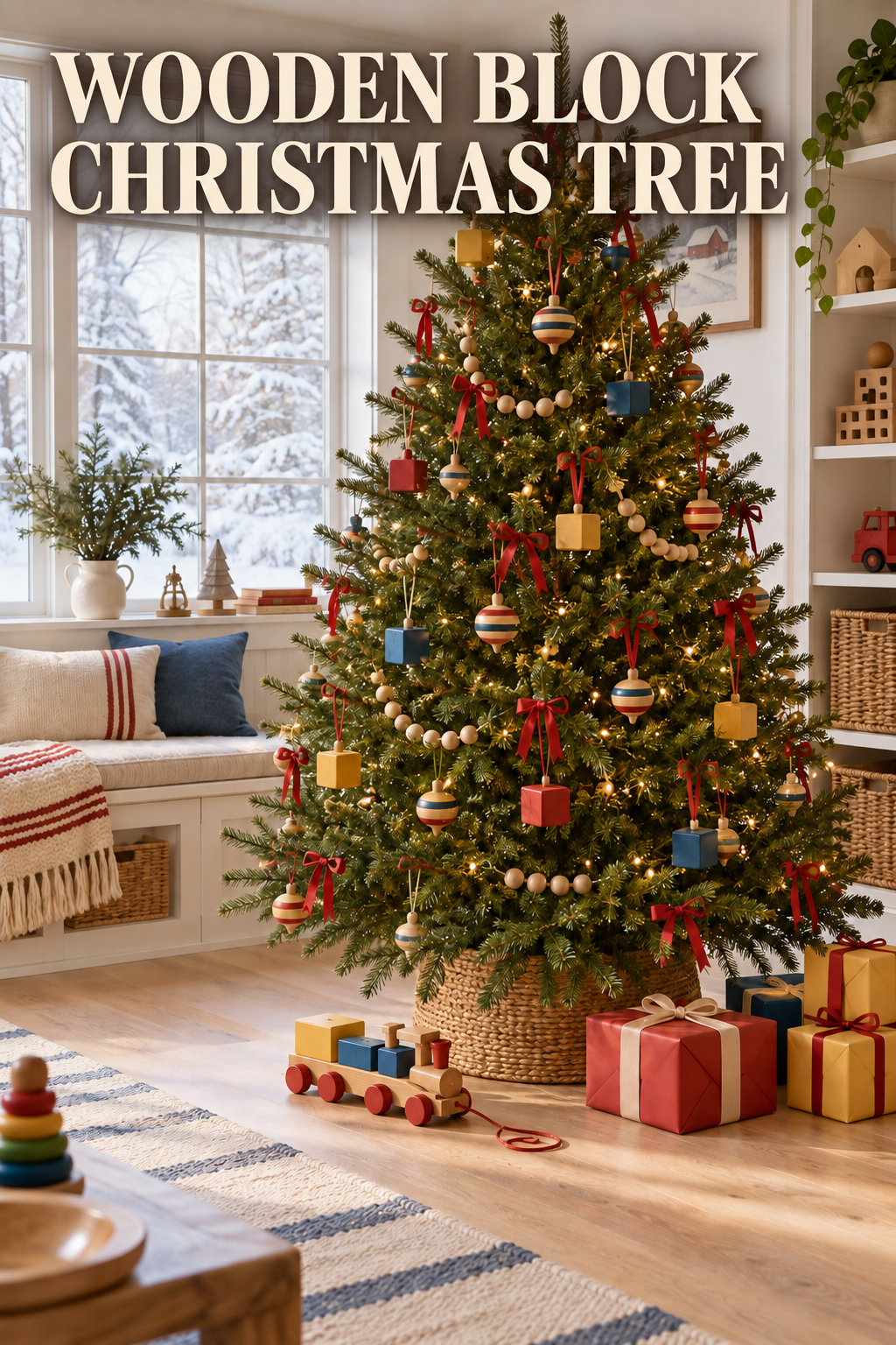 Christmas tree with wooden blocks and spinning tops in a bright playroom.
