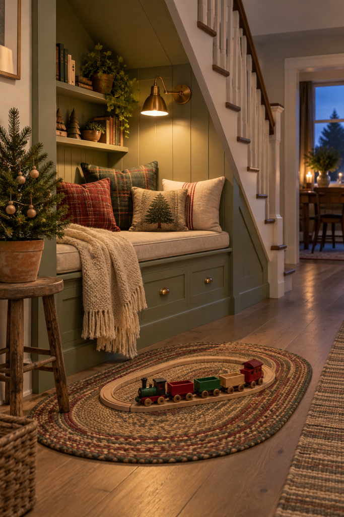 Wooden toy train on an oval rug beside a holiday reading nook.