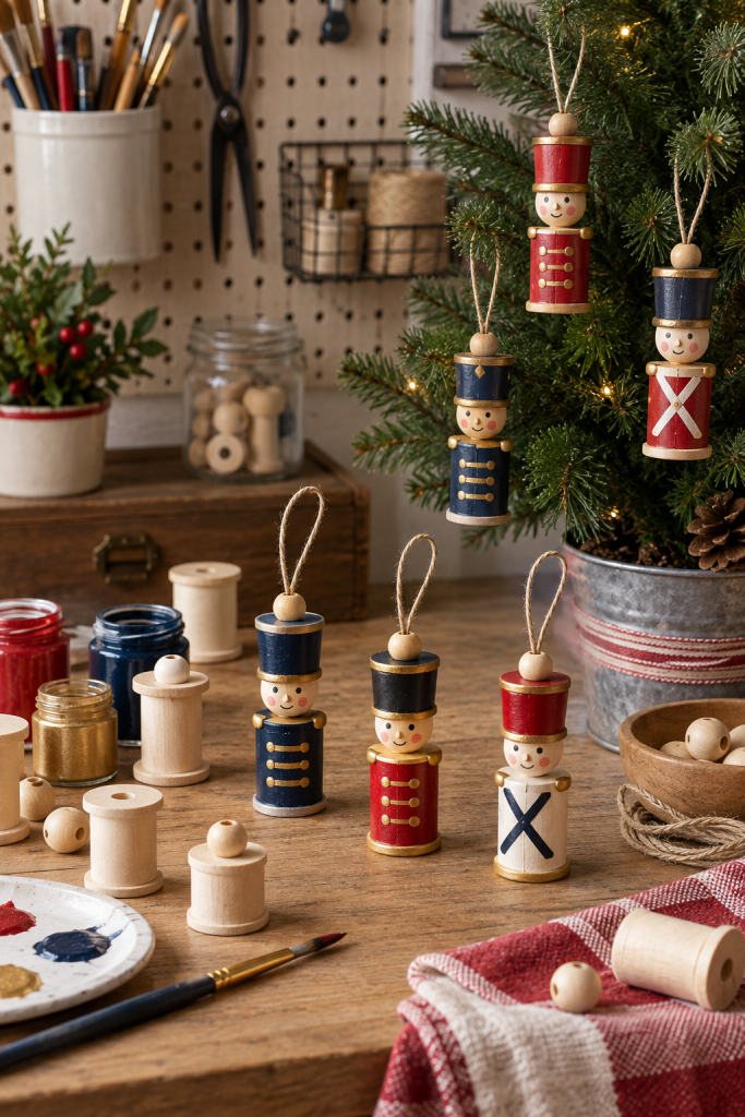 Painted wooden spool toy soldier ornaments beside craft supplies and a small tree.