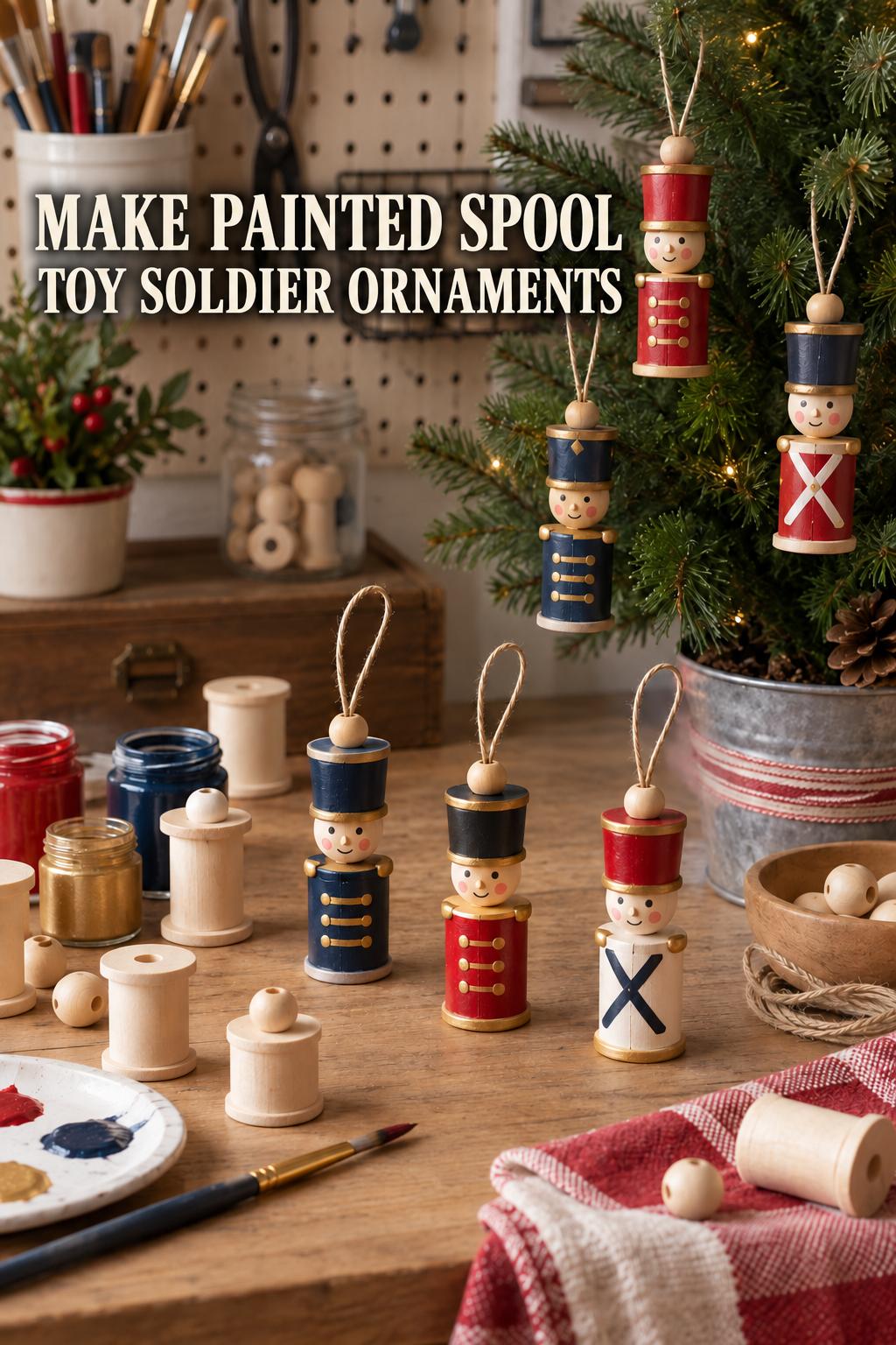 Painted wooden spool toy soldier ornaments beside craft supplies and a small tree.