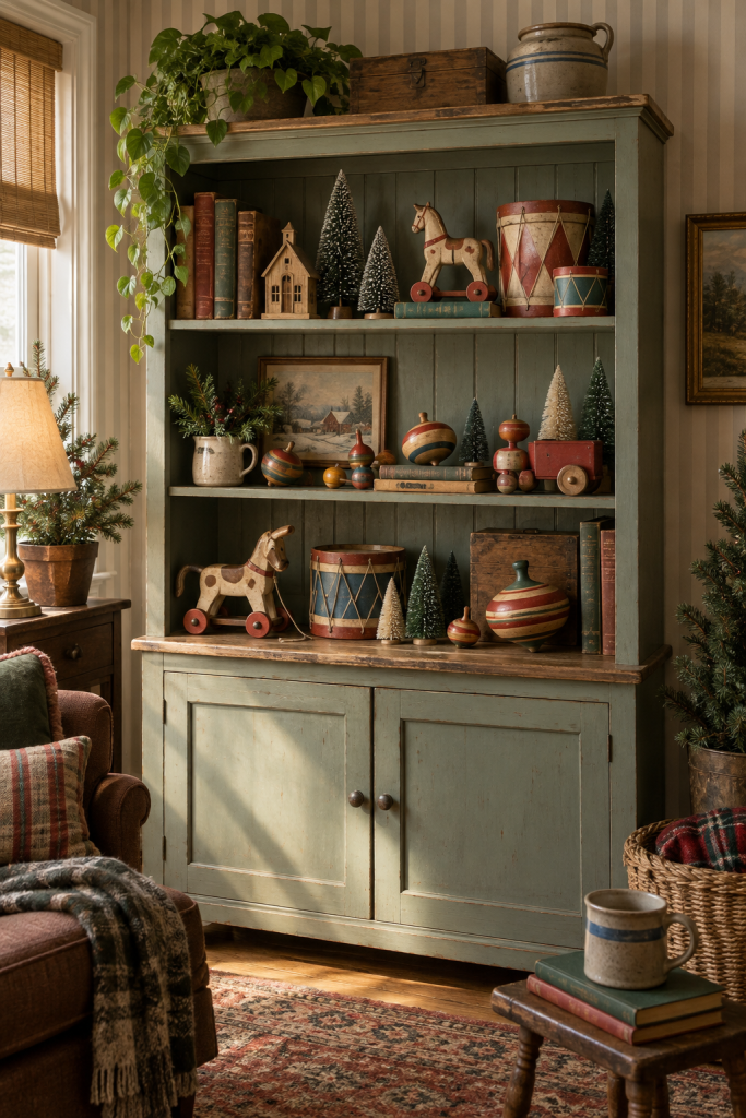 Vintage toybox holiday shelf with wooden tops, pull toys, drums, and trees.