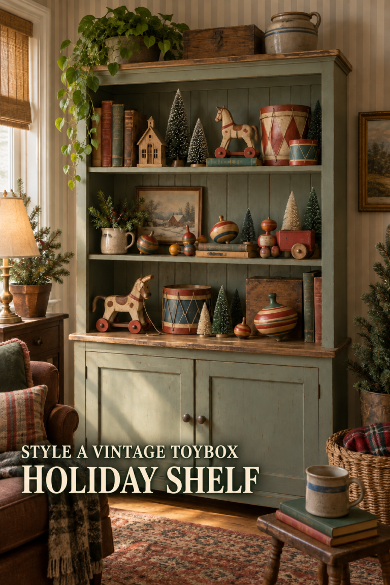 Vintage toybox holiday shelf with wooden tops, pull toys, drums, and trees.