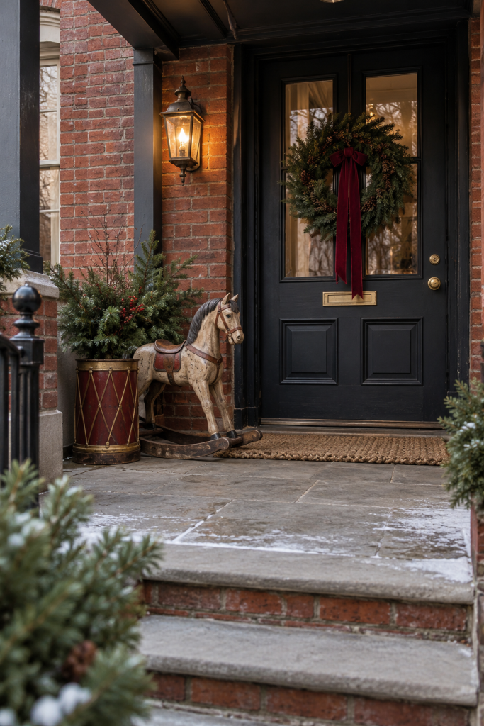 Brick Christmas entry with a wooden rocking horse, drum planter, and wreath.