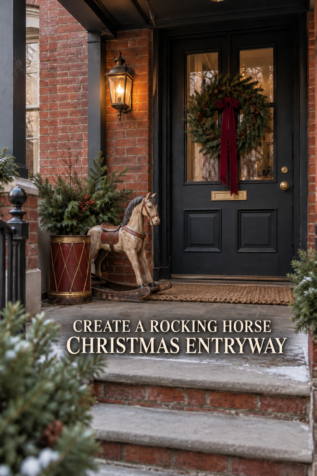 Brick Christmas entry with a wooden rocking horse, drum planter, and wreath.