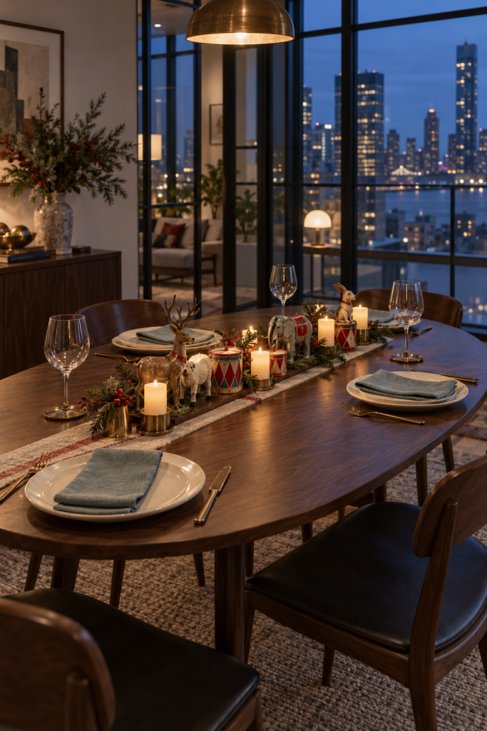 Toy animals, drums and warm candles on an oval Christmas dinner table.