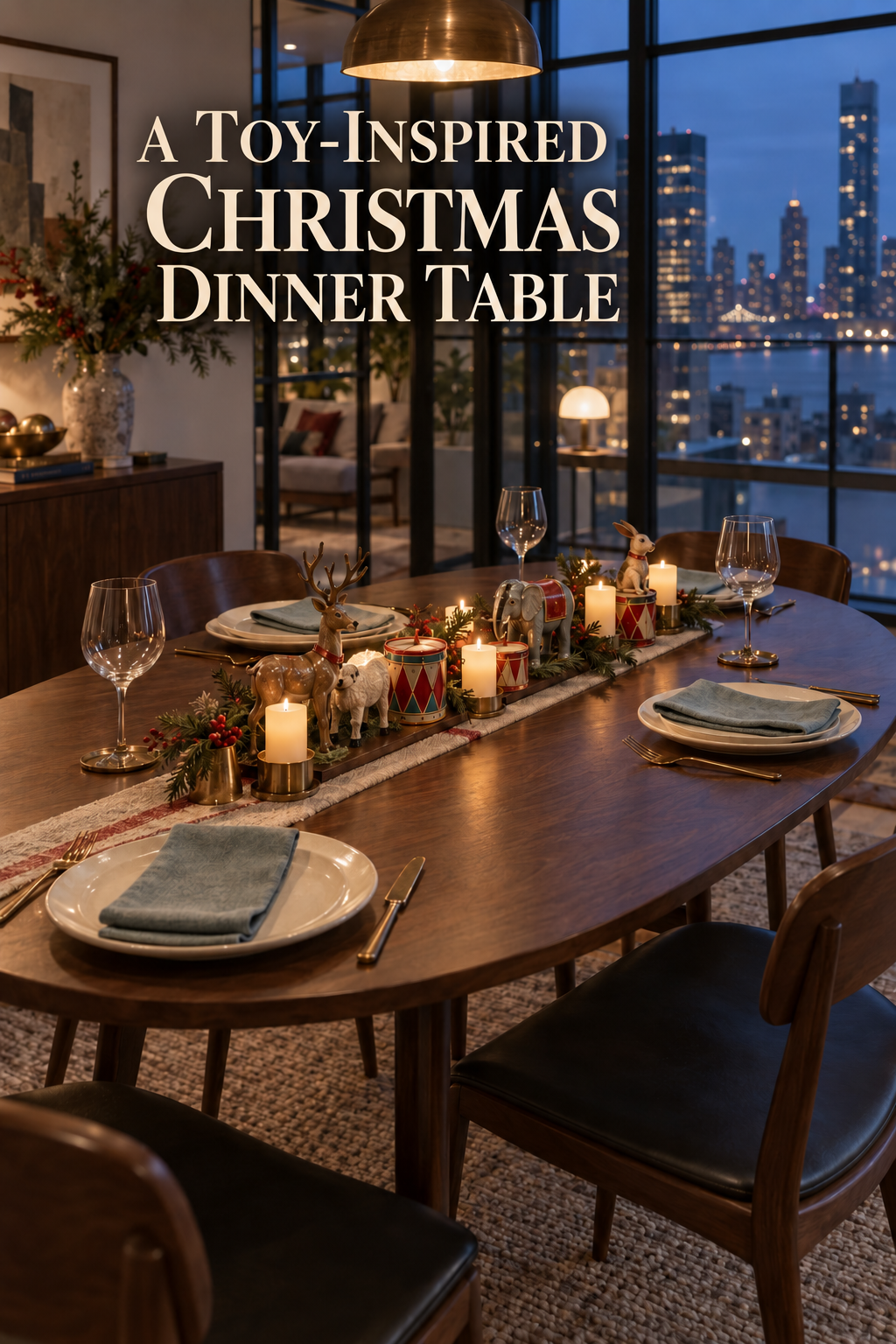 Toy animals, drums and warm candles on an oval Christmas dinner table.