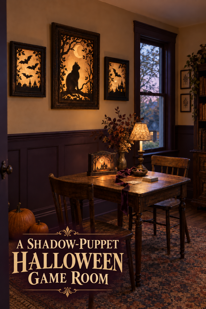 Backlit cat and bat silhouette frames above a vintage Halloween game table.