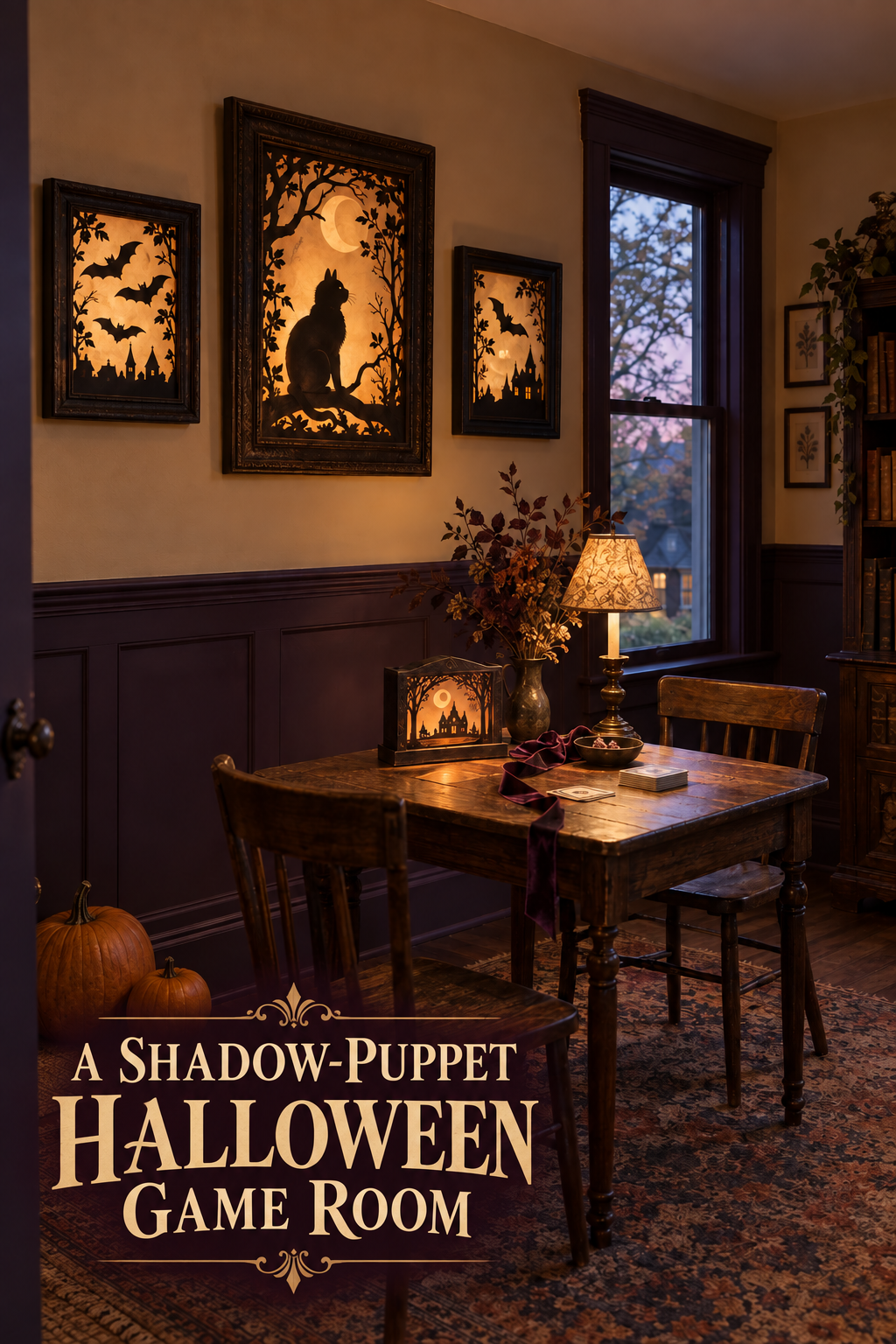 Backlit cat and bat silhouette frames above a vintage Halloween game table.