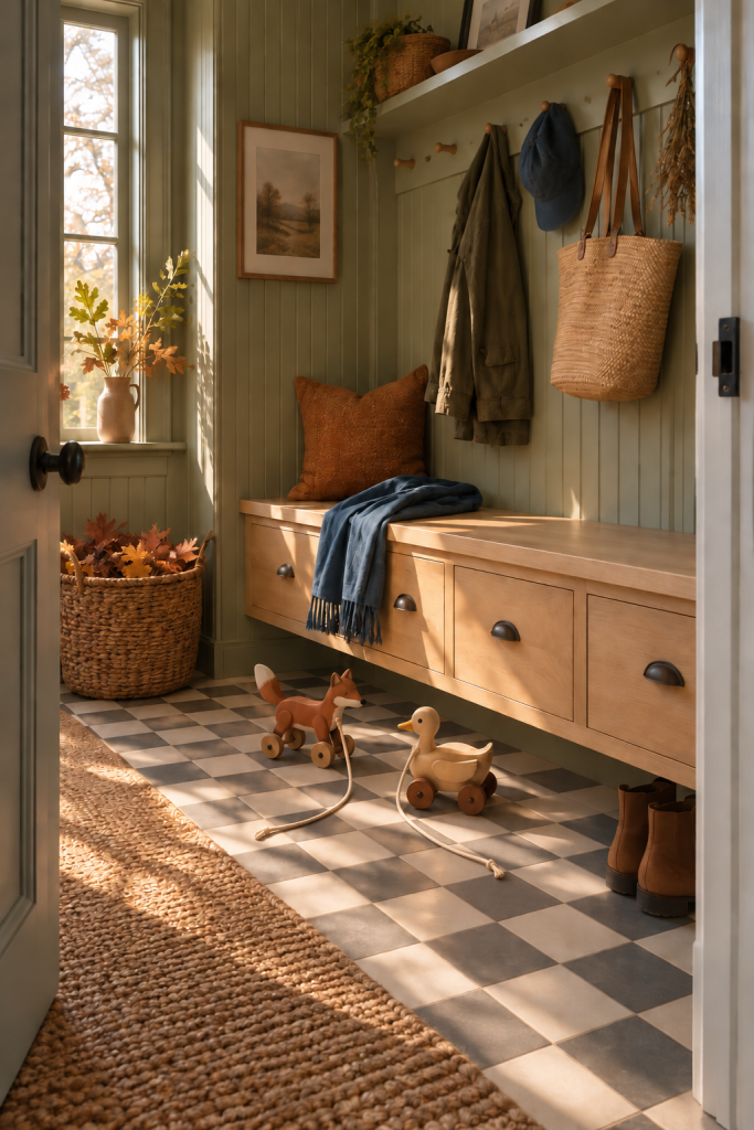 Wooden fox and duck pull toys in a sage mudroom with autumn leaves.