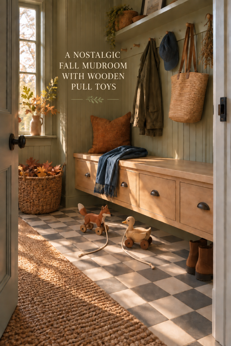 Wooden fox and duck pull toys in a sage mudroom with autumn leaves.