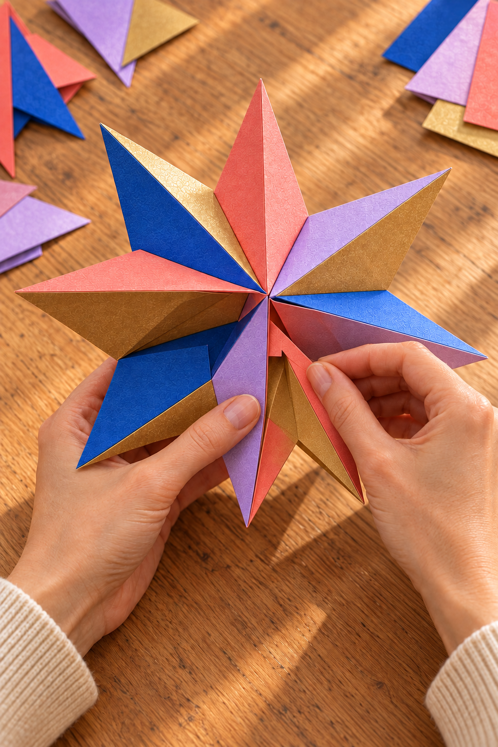 Hands align the final inner glue tab between sections of an eight-point paper star.
