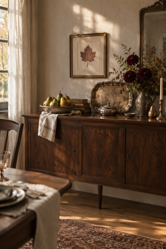 Pears, a framed autumn leaf and burgundy flowers on a dark wood dining room sideboard.