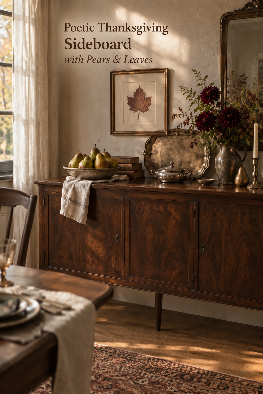 Pears, a framed autumn leaf and burgundy flowers on a dark wood dining room sideboard.