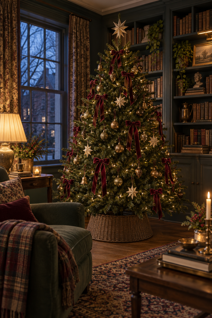 Christmas tree with burgundy velvet bows and gold ornaments beside a parlor bookcase.