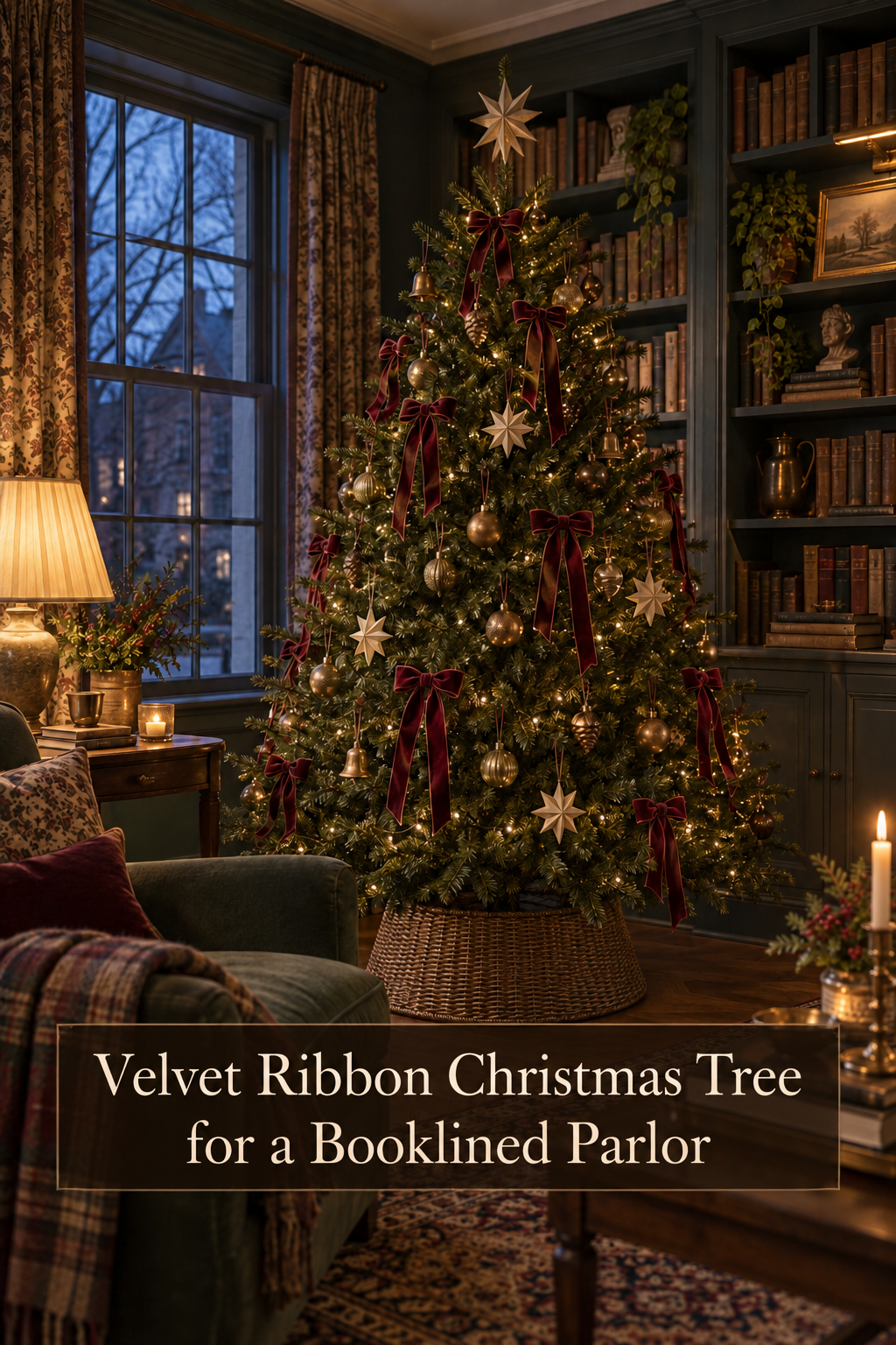 Christmas tree with burgundy velvet bows and gold ornaments beside a parlor bookcase.