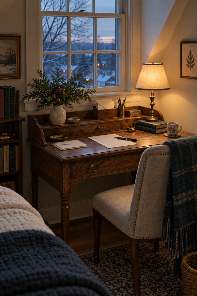 Wooden writing desk with cedar, stationery and a shaded lamp beneath a winter window.