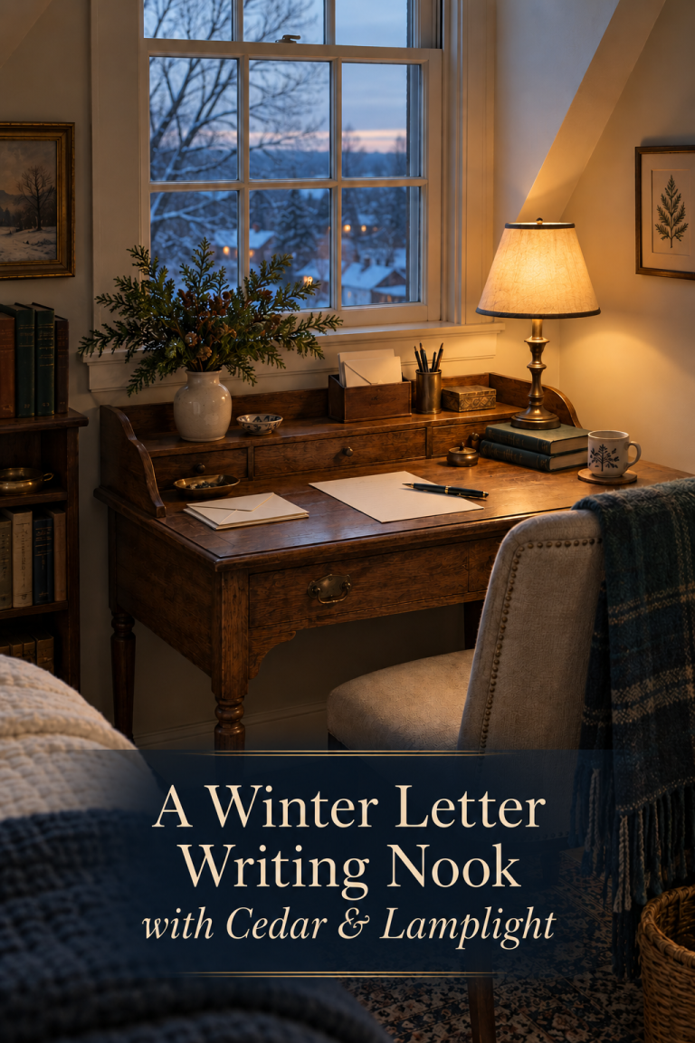 Wooden writing desk with cedar, stationery and a shaded lamp beneath a winter window.