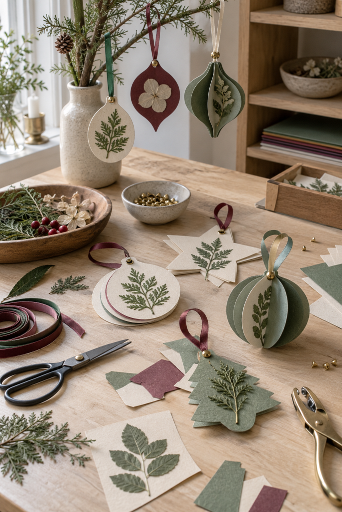 Paper ornaments with botanical sprigs and ribbon loops on a bright craft table.