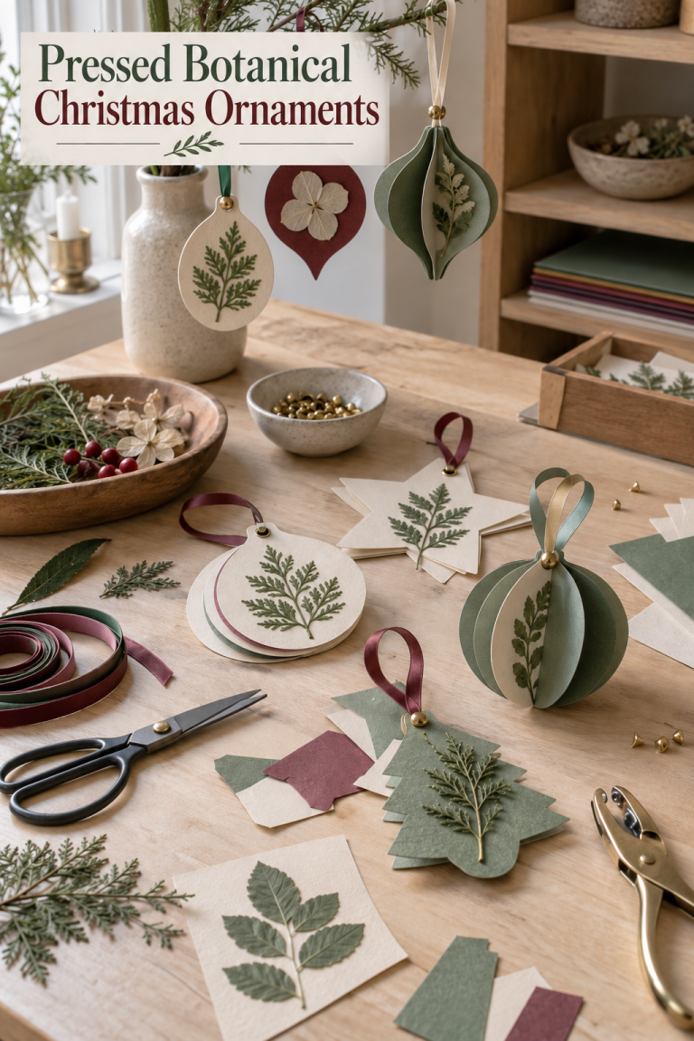 Paper ornaments with botanical sprigs and ribbon loops on a bright craft table.