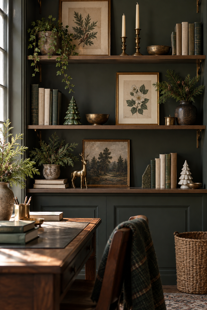 Study shelves with botanical prints, brass candleholders and ceramic Christmas trees.