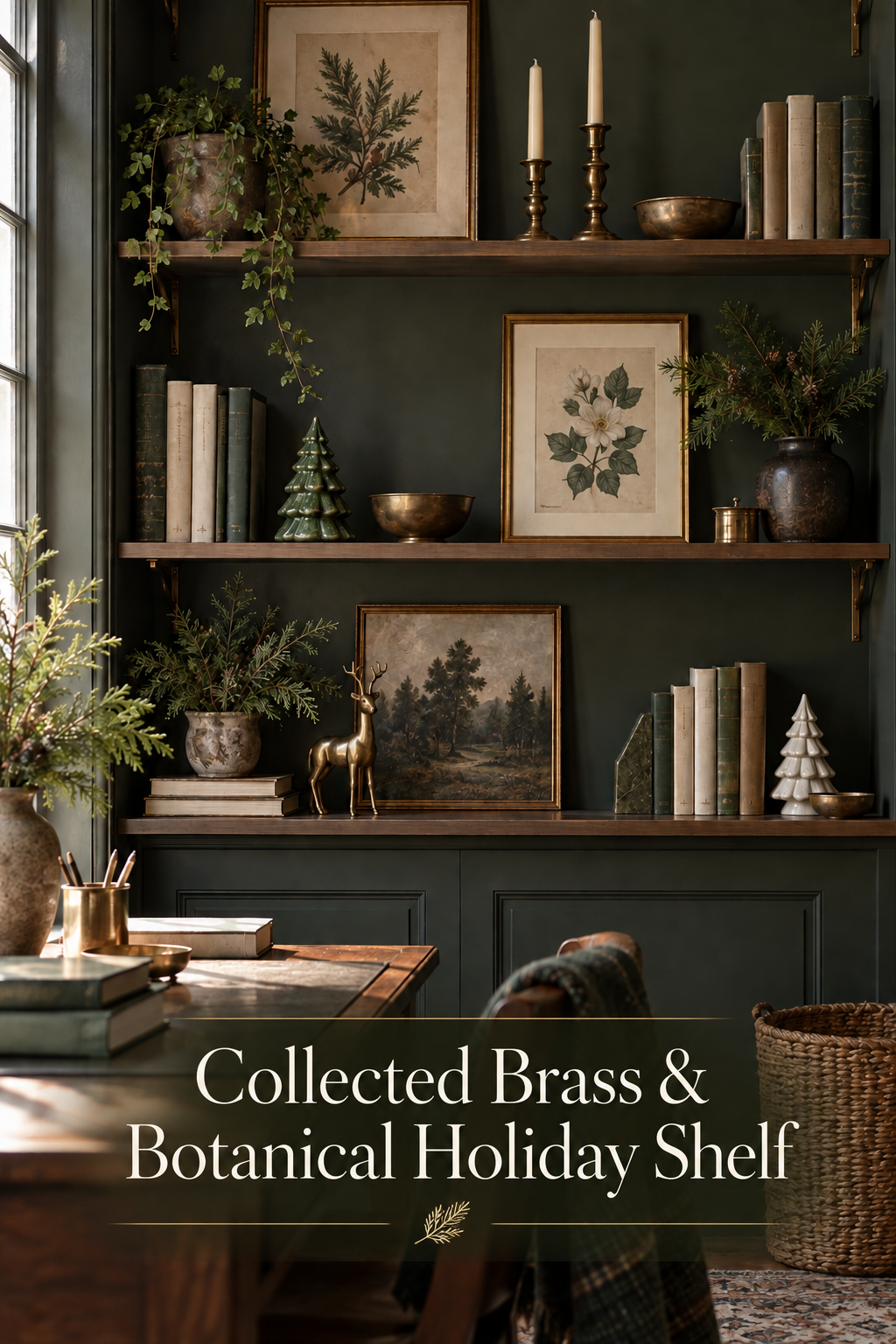 Study shelves with botanical prints, brass candleholders and ceramic Christmas trees.