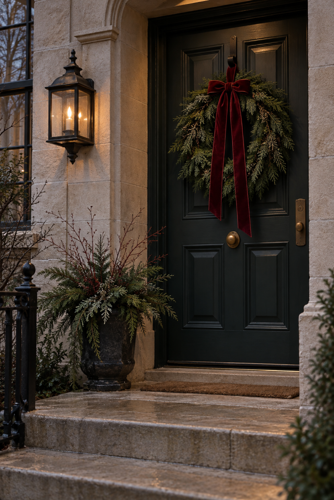 Dark paneled door with evergreen wreath, burgundy ribbon and glowing wall lantern.