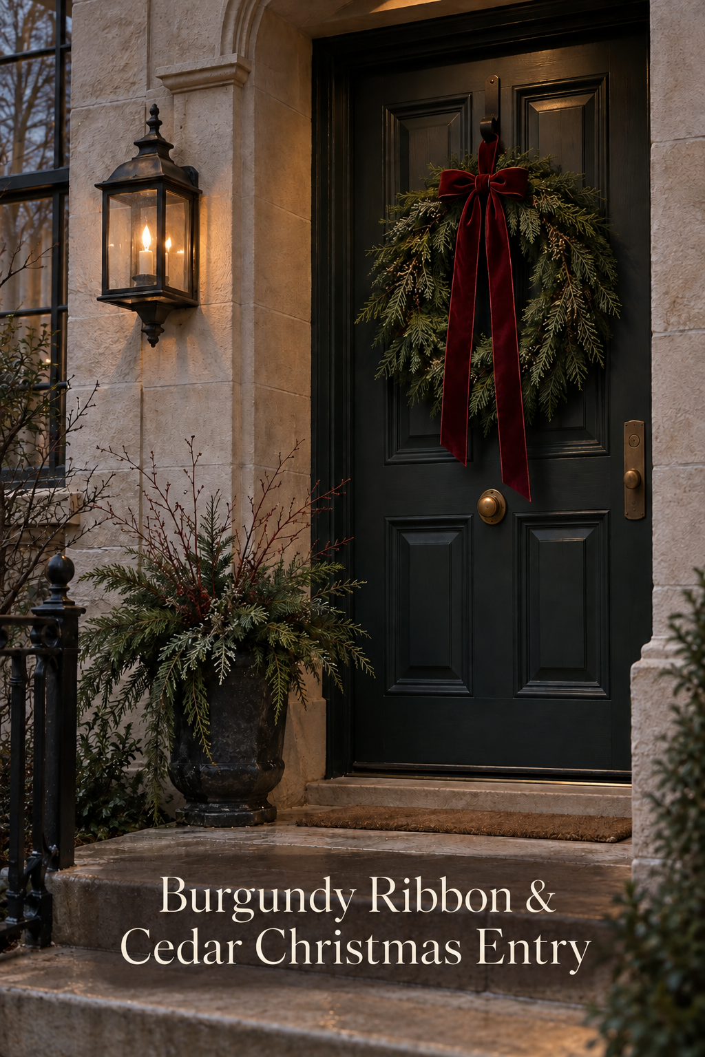 Dark paneled door with evergreen wreath, burgundy ribbon and glowing wall lantern.