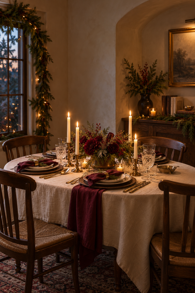 Oval Christmas table with burgundy flowers, brass tapers and wine-colored napkins.
