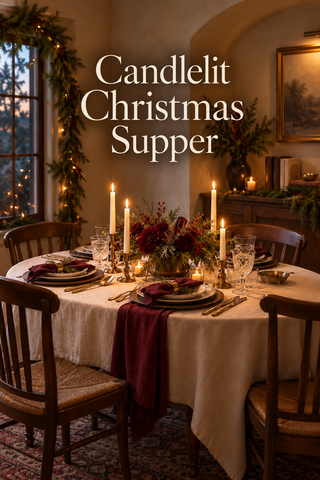 Oval Christmas table with burgundy flowers, brass tapers and wine-colored napkins.