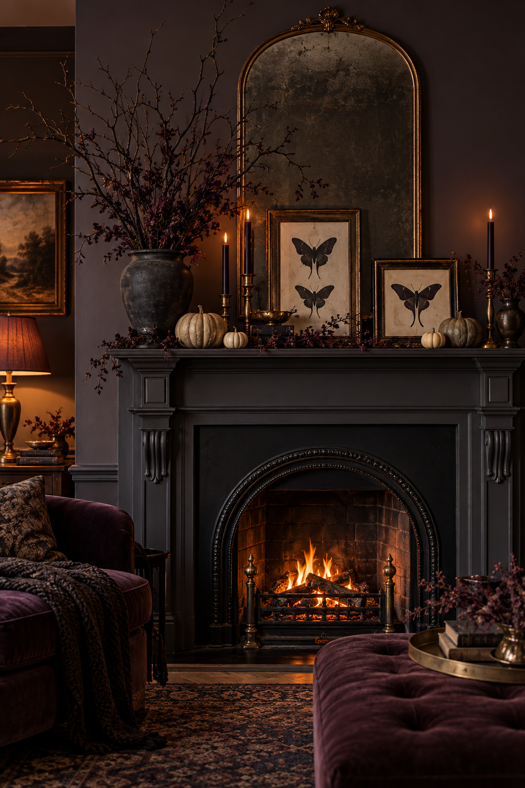 Dark Halloween fireplace mantel with framed moth silhouettes, branches and pale pumpkins.