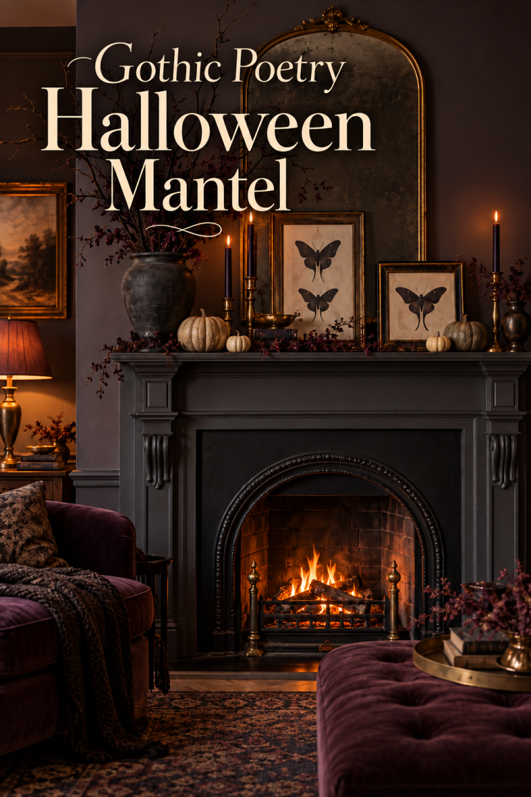 Dark Halloween fireplace mantel with framed moth silhouettes, branches and pale pumpkins.