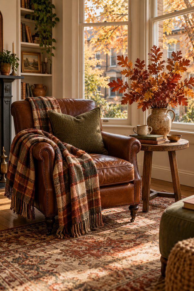 Leather reading chair with plaid throw beside a table of autumn leaves at a bay window.