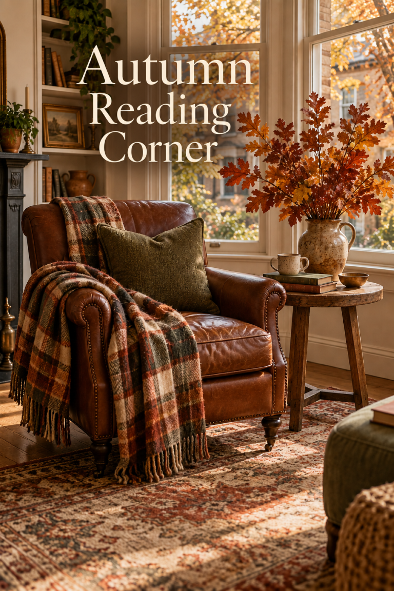 Leather reading chair with plaid throw beside a table of autumn leaves at a bay window.