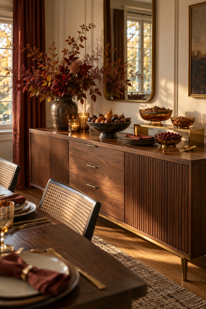 Wood buffet with fall foliage, fruit bowls and amber glass on a brass stand.