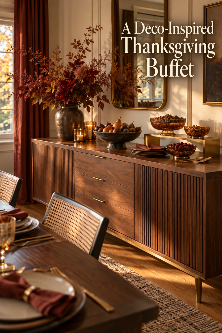 Wood buffet with fall foliage, fruit bowls and amber glass on a brass stand.