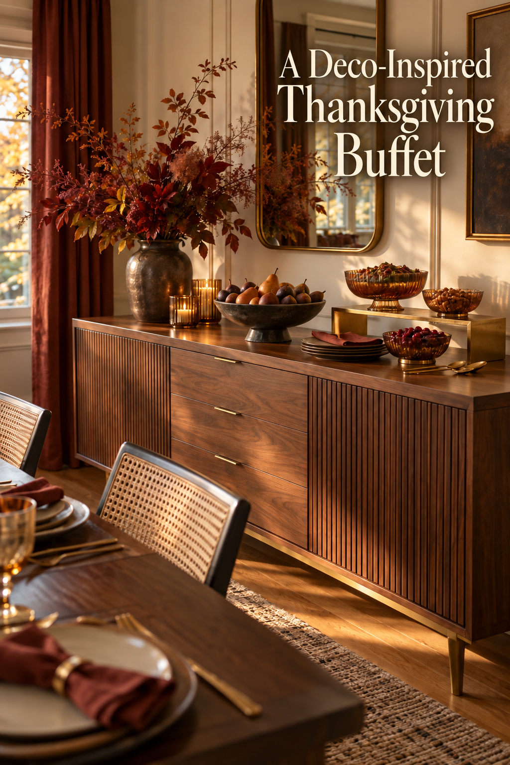 Wood buffet with fall foliage, fruit bowls and amber glass on a brass stand.