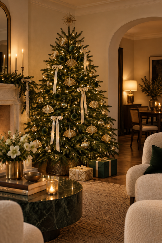 Christmas tree with cream fan ornaments, green baubles, ivory bows and warm lights.