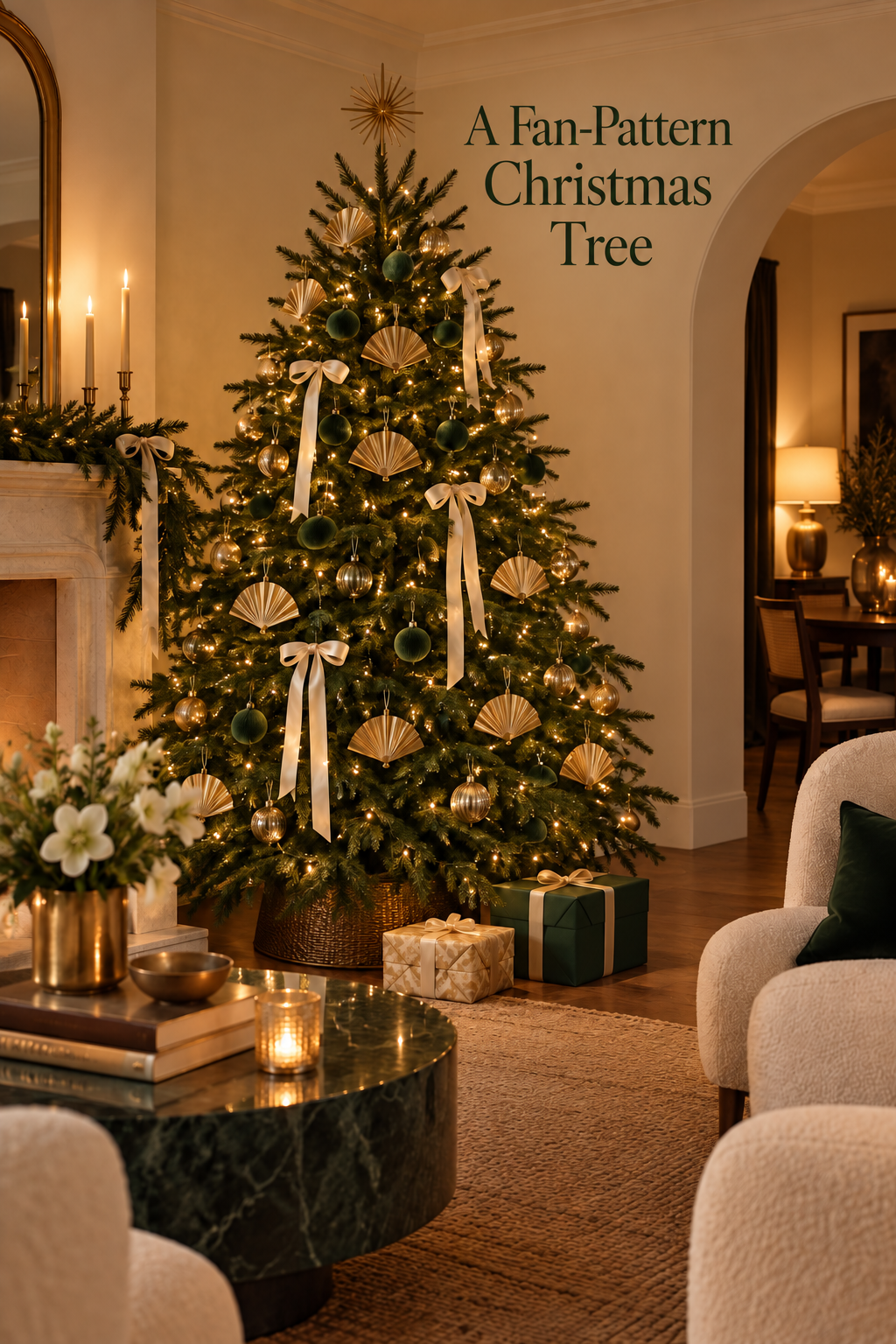 Christmas tree with cream fan ornaments, green baubles, ivory bows and warm lights.