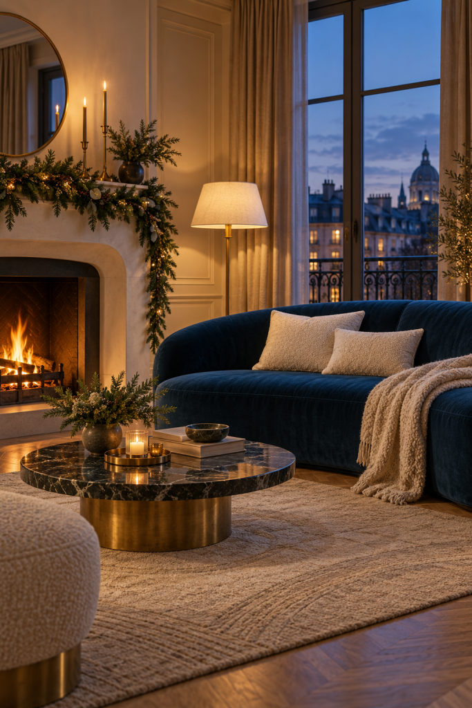 Curved blue sofa beside a garlanded fireplace, cream pillows and a round table.