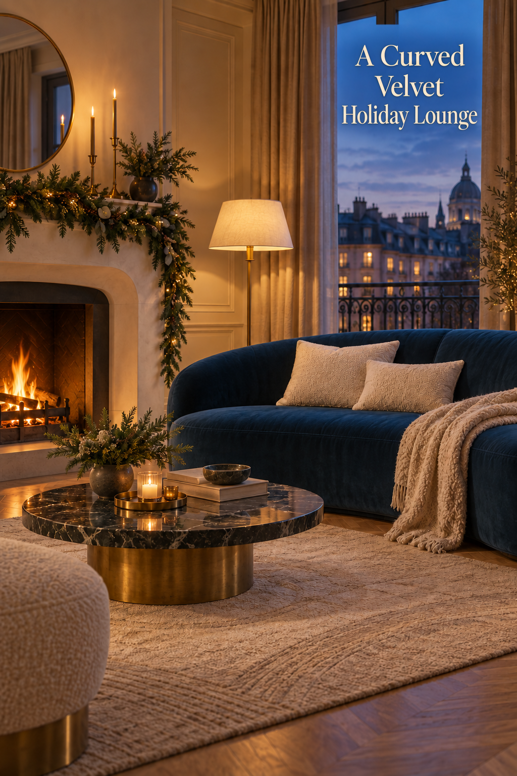 Curved blue sofa beside a garlanded fireplace, cream pillows and a round table.